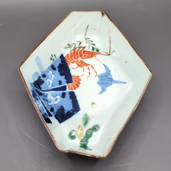 Antique Japanese Imari Porcelain Hexagonal Serving Bowl Dish Shrimp Crane Motif - Picture 6 of 14